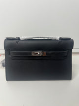 CLUTCH CUIR Véritable NOIR ARGENT - 22CM