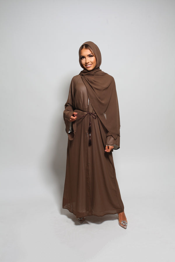 Kimono transparent et hijab offert - Marron chocolat